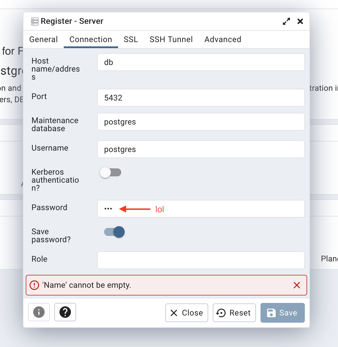 Config of adding a server in pgAdmin